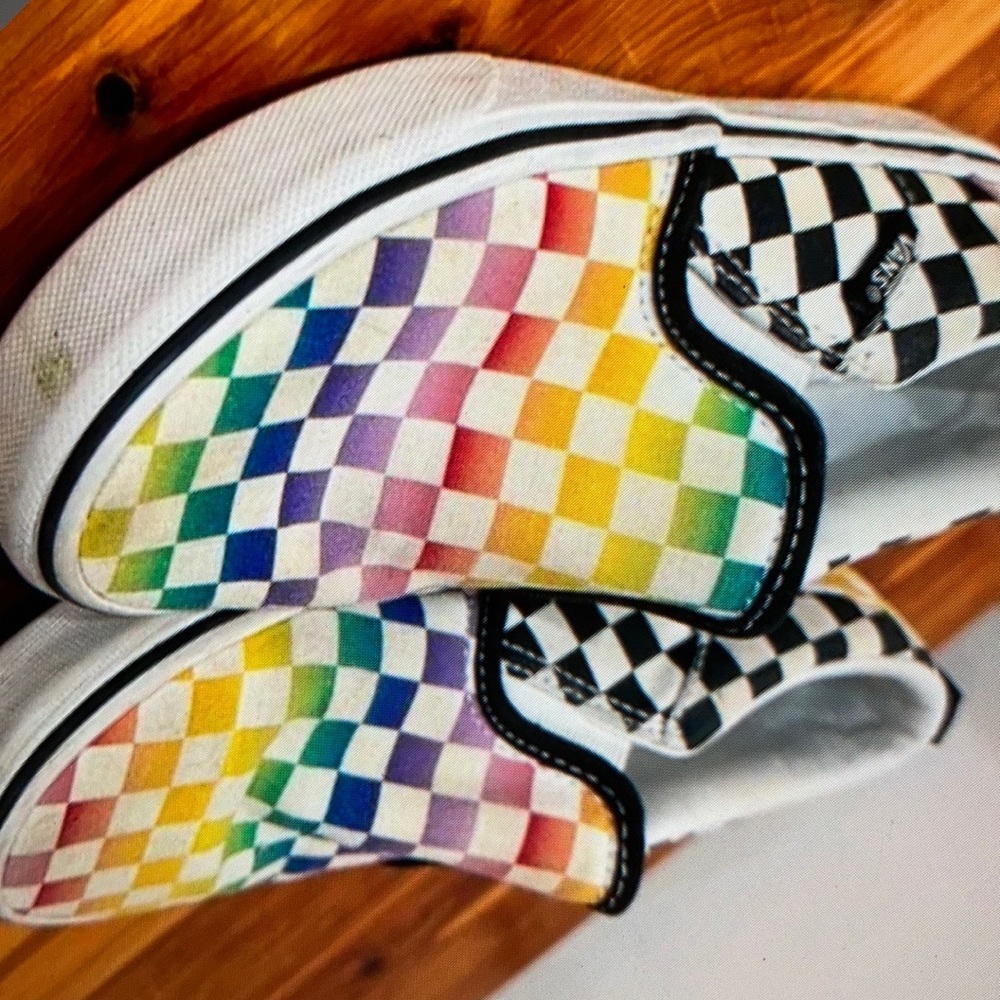 Plenty of checkered multi-color slip-on shoes